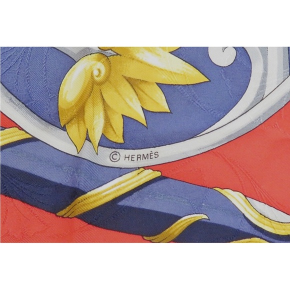 Hermes Vibrant Red and Blue Scarf with Gold Details - Picture 9 of 12